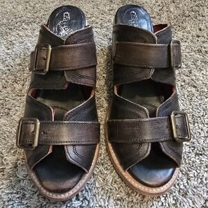 Freebird Caprice Slides Low Block Heel Leather Buckle Dark Brown Sandals Size 8